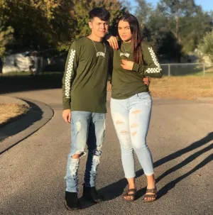 White SA Curve | Olive Long Sleeve Tee (Solid Checkered Drippin Sleeve)