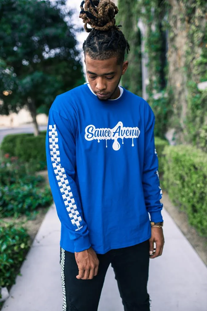 White SA Drip | Blue Long Sleeve Tee (Solid Checkered Drippin Sleeve)