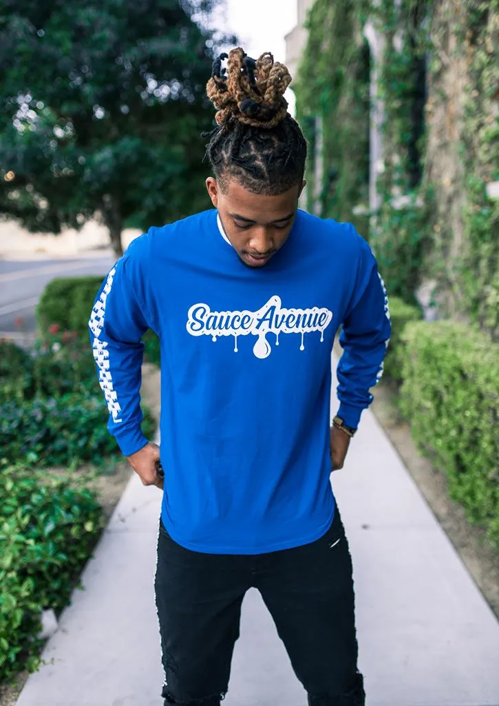 White SA Drip | Blue Long Sleeve Tee (Solid Checkered Drippin Sleeve)