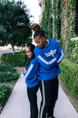 White SA Drip | Blue Long Sleeve Tee (Solid Checkered Drippin Sleeve)