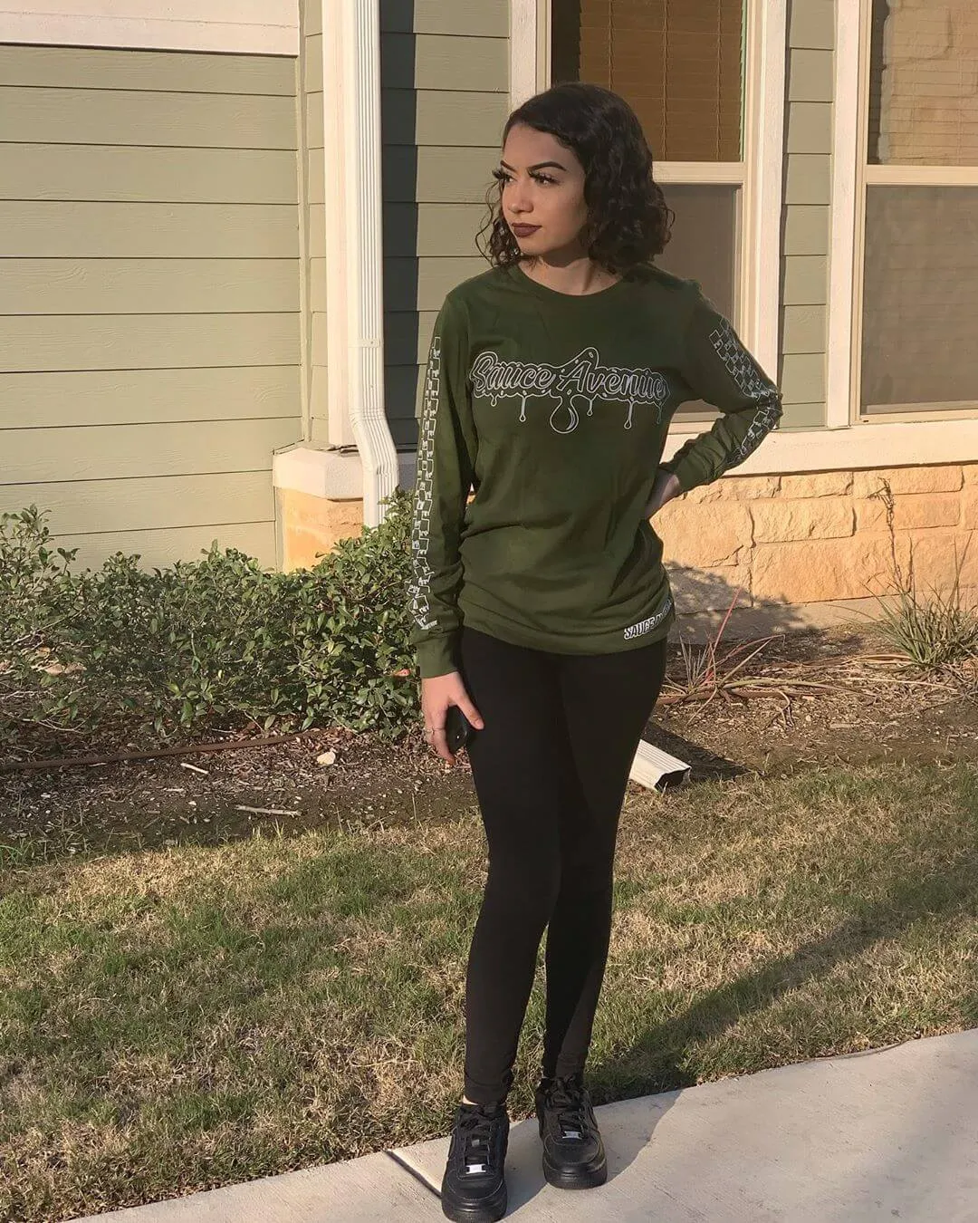 White SA Drip Outline | Olive Long Sleeve Tee (Outline Checkered Drippin Sleeve)