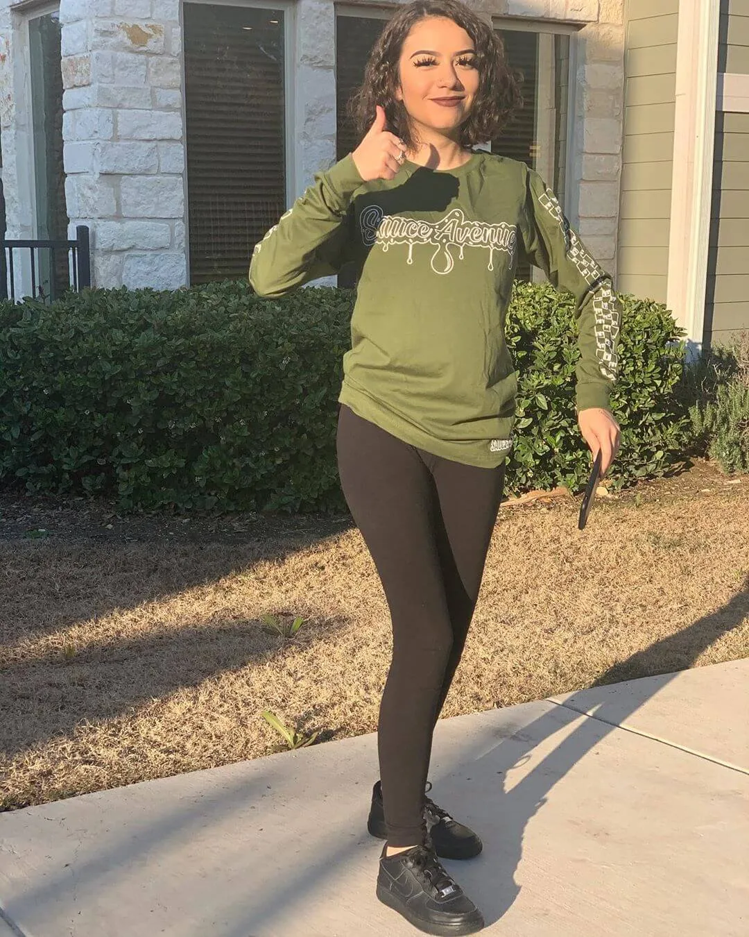White SA Drip Outline | Olive Long Sleeve Tee (Outline Checkered Drippin Sleeve)