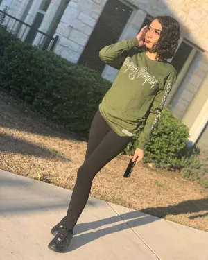 White SA Drip Outline | Olive Long Sleeve Tee (Outline Checkered Drippin Sleeve)