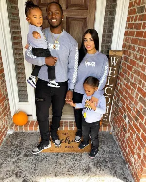 White Sauce (S) | Heather Gray Long Sleeve Tee (Solid Checkered Drippin Sleeve)