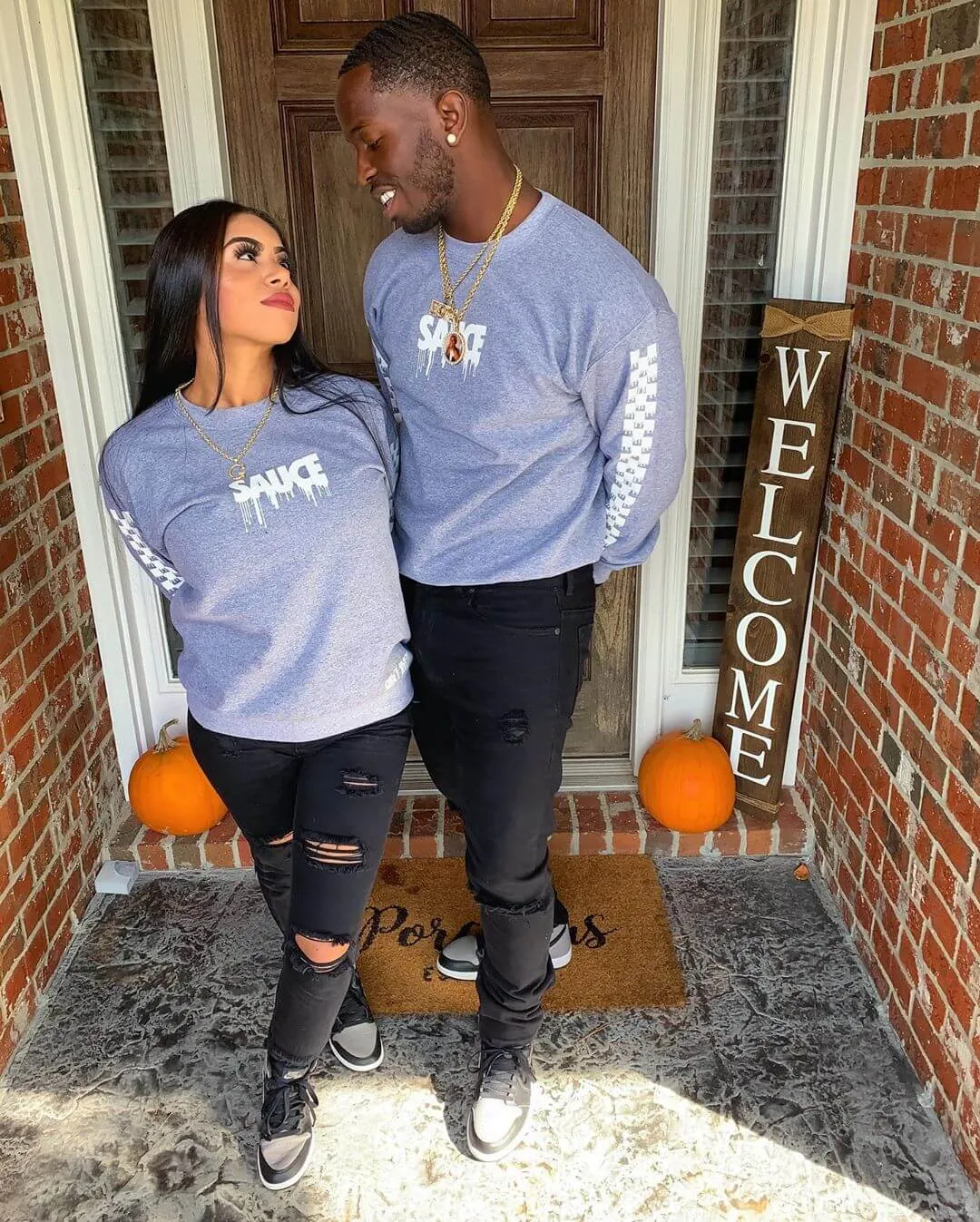 White Sauce (S) | Heather Gray Long Sleeve Tee (Solid Checkered Drippin Sleeve)