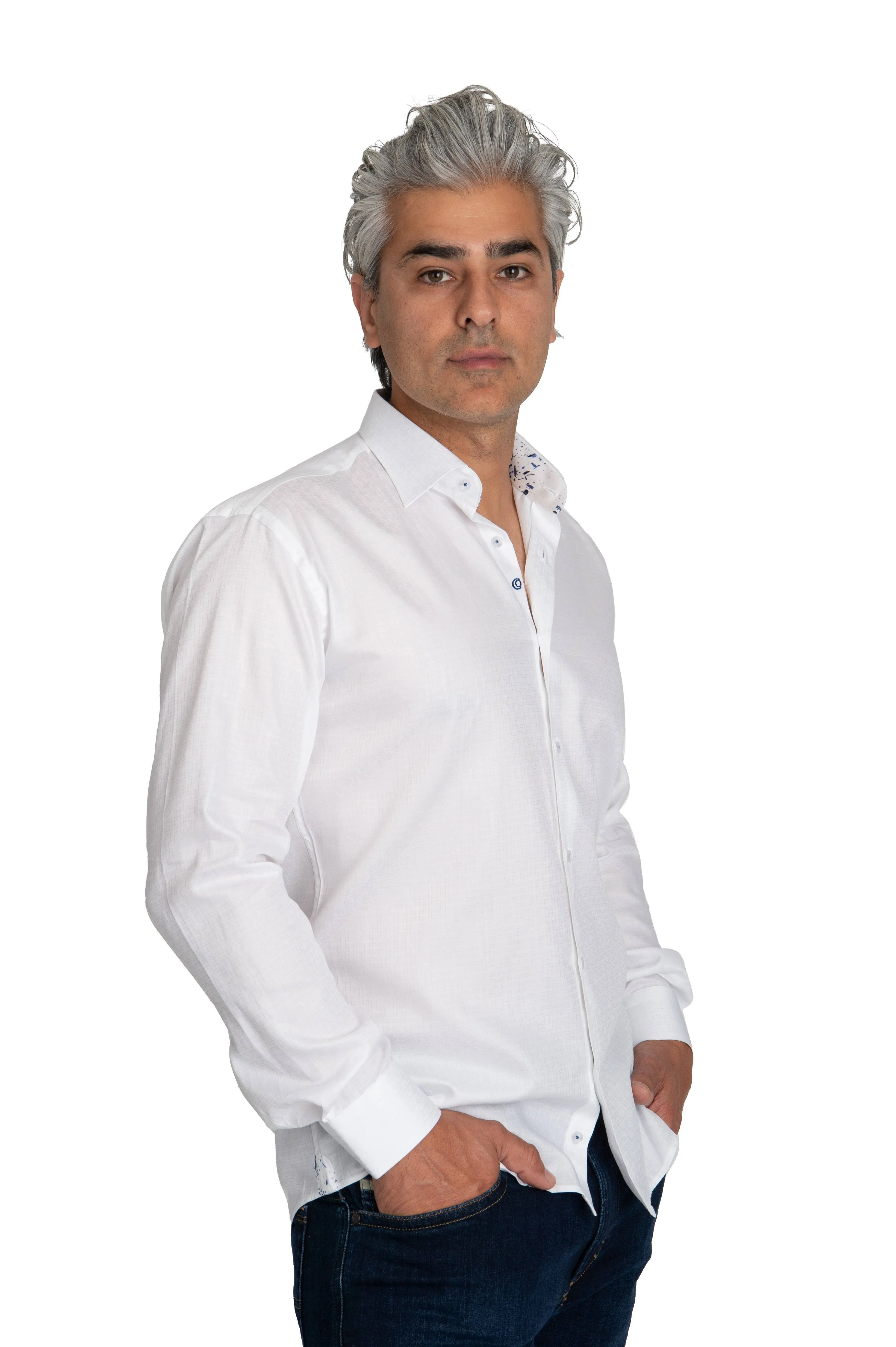 White Soft Patterned Shirt With Blue Splash