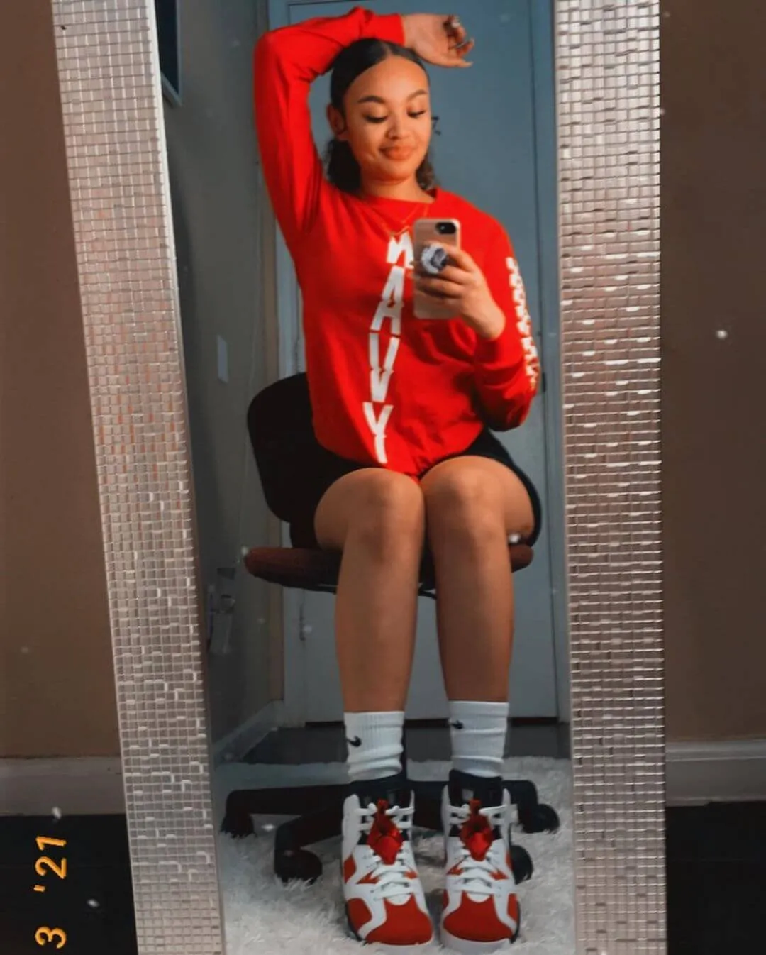 White WAVY (Vertical) | Red Long Sleeve Tee (Solid Sleeve)