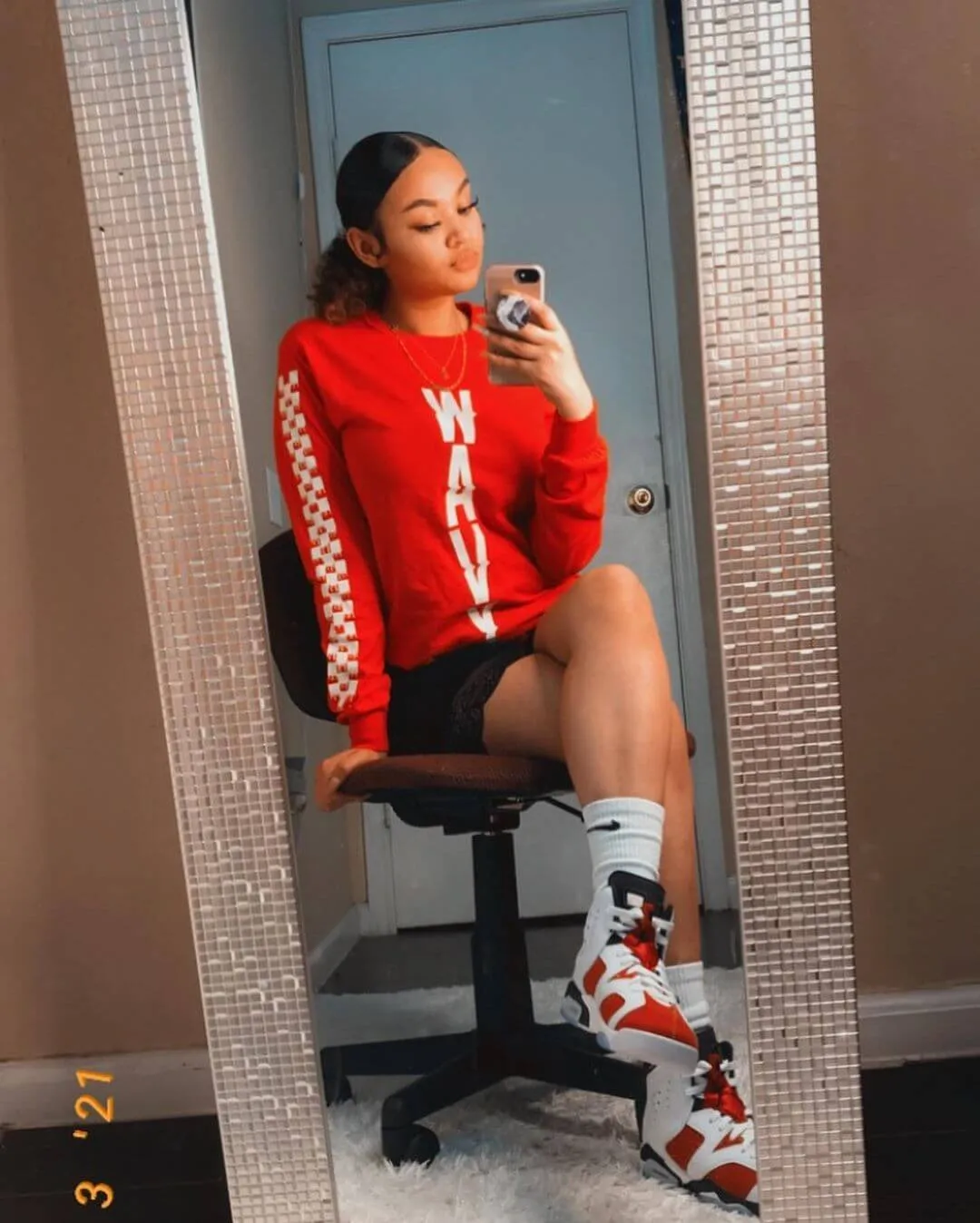 White WAVY (Vertical) | Red Long Sleeve Tee (Solid Sleeve)