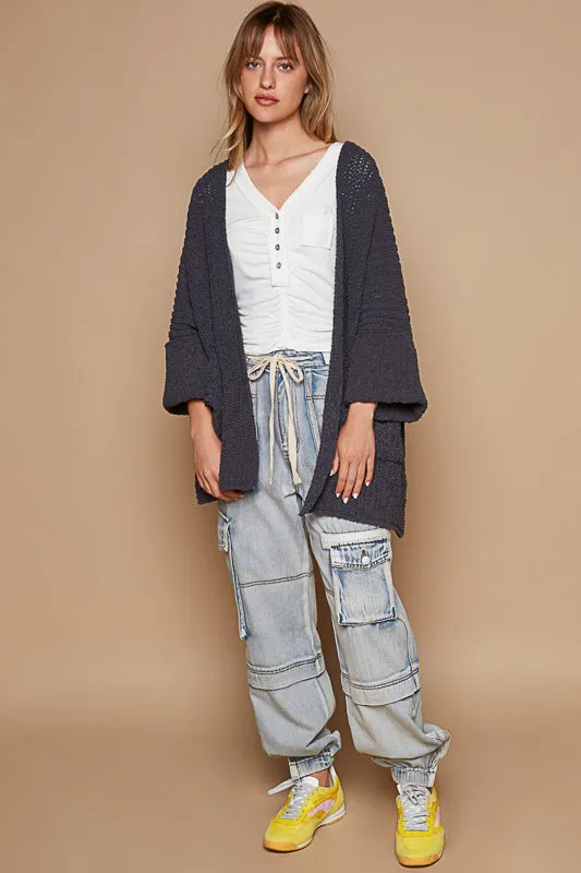 Wide Cuff Sleeve Chunky Knit Cardigan by POL - Ink Charcoal