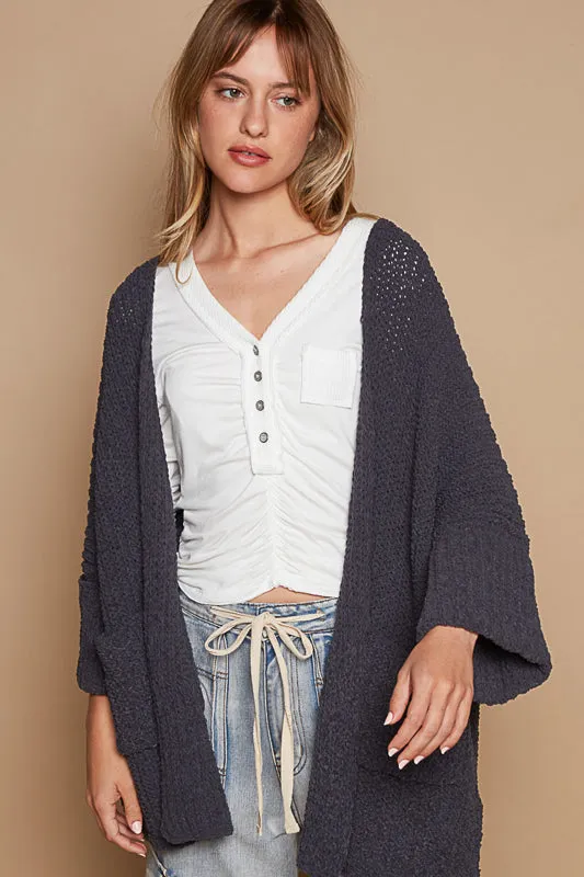 Wide Cuff Sleeve Chunky Knit Cardigan by POL - Ink Charcoal