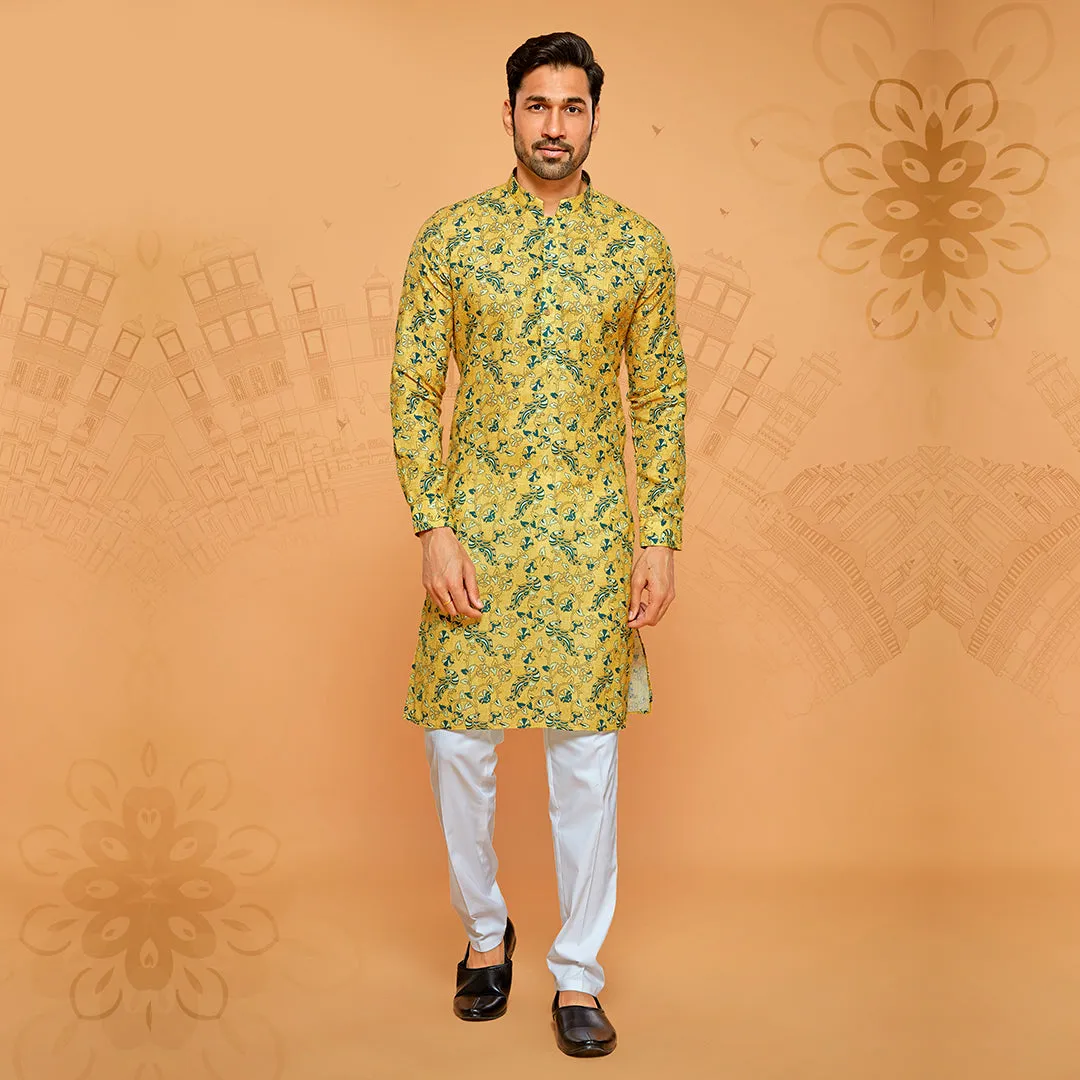 Yellow Cotton Kurta Adorned with Green Print