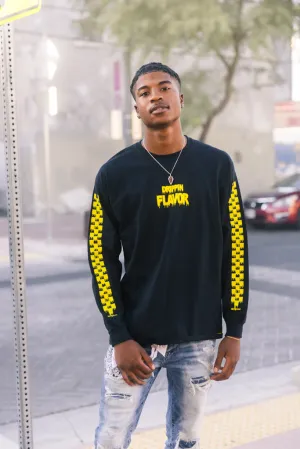 Yellow Drippin Flavor | Black Long Sleeve Tee (Solid Checkered Drippin Sleeve)