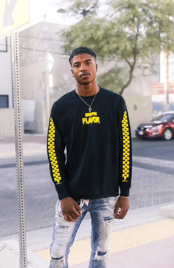 Yellow Drippin Flavor | Black Long Sleeve Tee (Solid Checkered Drippin Sleeve)
