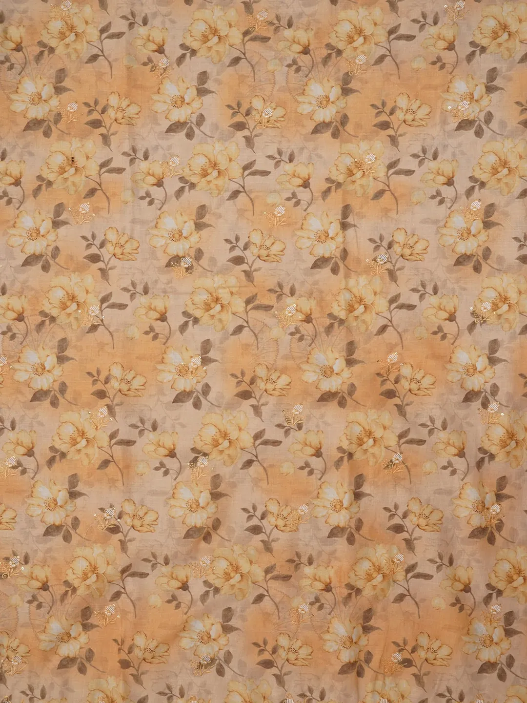 Yellow Floral Printed Embellished Cotton Dress Material with Dupatta