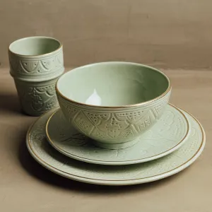 Zagora Green - Moroccan Dinnerware Set Adorned with 12 Carat Gold Accents