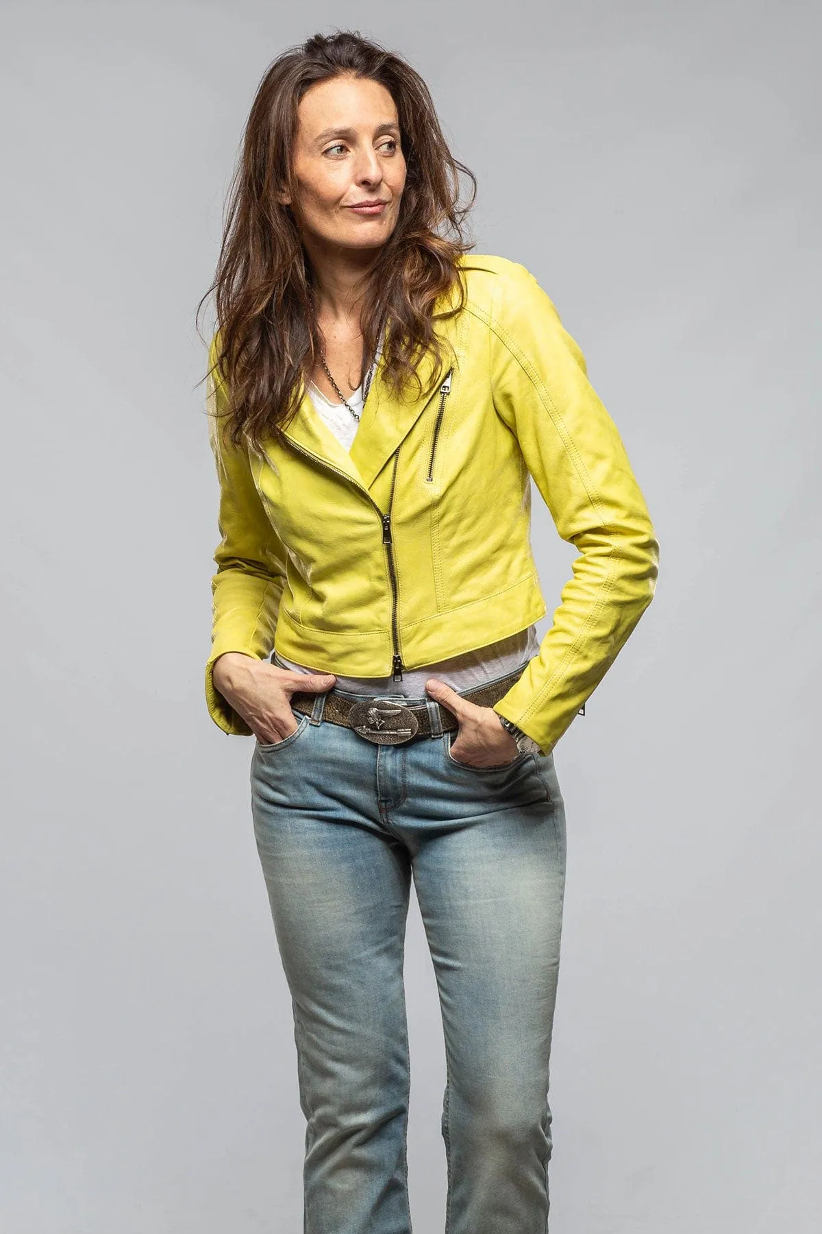 Zina Cropped Side Zip Moto In Lime